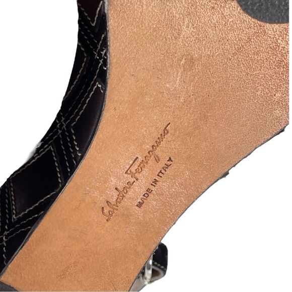 Salvatore Ferragamo Black Geometric Leather Wedge Heel Sandals Women’s Size 8 - Picture 9 of 9
